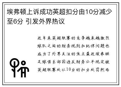埃弗顿上诉成功英超扣分由10分减少至6分 引发外界热议